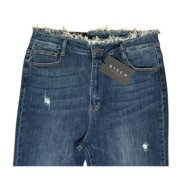 Risen Women Jeans RAW EDGE WAIST W FRAYED HEM FLARE Blue Distressed 32/15 NWT - Picture 13 of 16